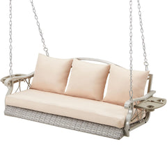 3-Person Wicker Porch Swing Chair Heavy Duty 900 LBS Outdoor Rattan Patio Swing Chair w/Cup-Holder & Steel Chains