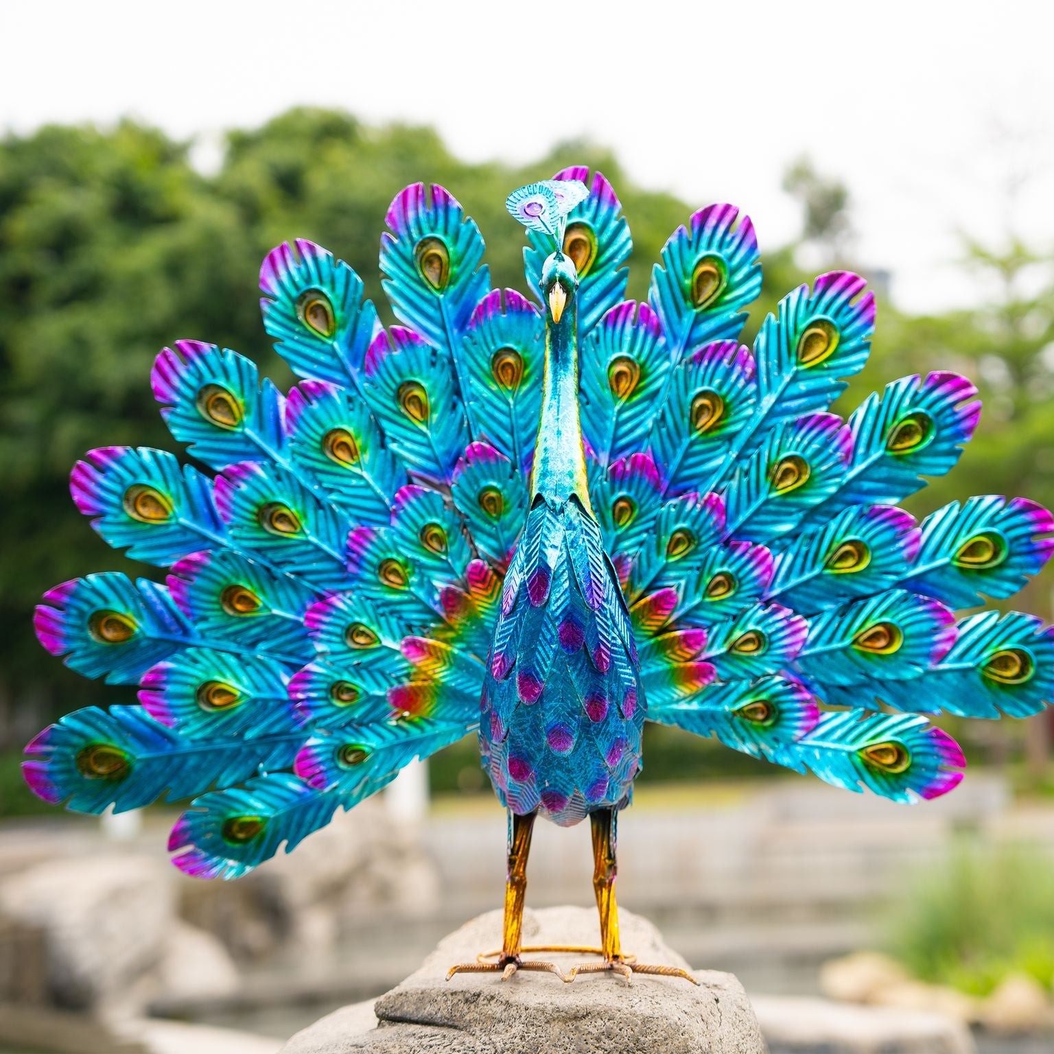 Art Peacock Blue Metallic Statue