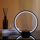 Modern Circle Table Lamp with Dimmable Touch Control, Black, Wood & White